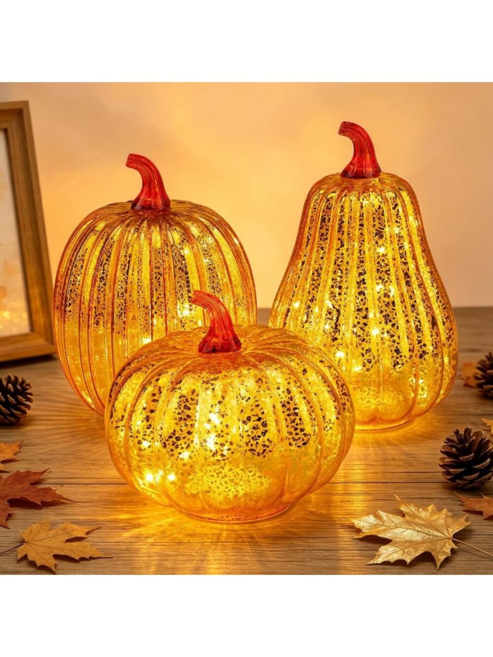Set of 3 Light-Up Mercury Glass Pumpkins for Fall Decor & Thanksgiving Gifts